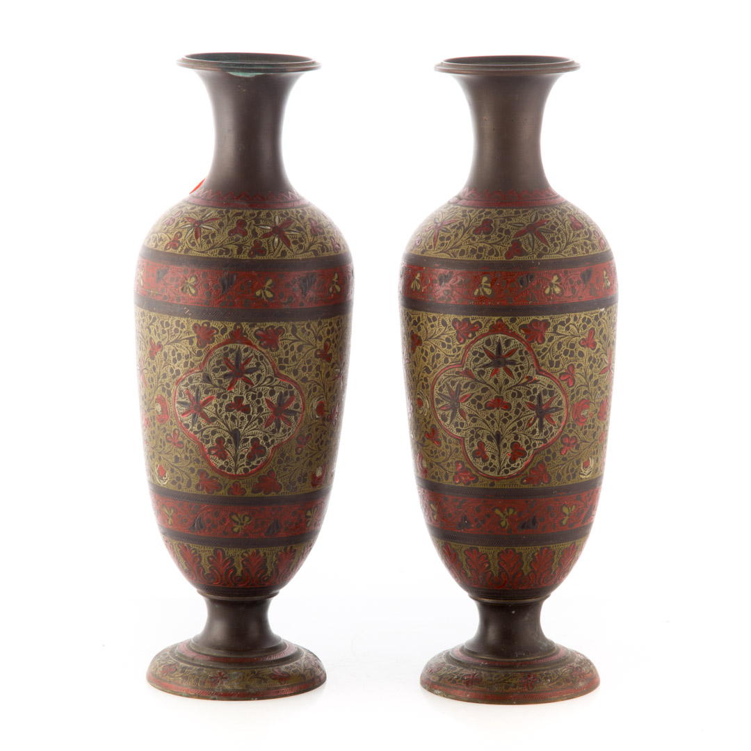 Appraisal: Pair Indian painted brass vases etched decoration in H