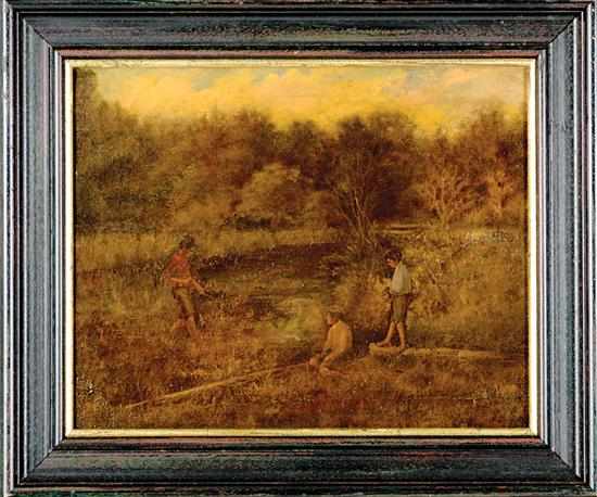 Appraisal: American school early th century BOYS ALONG RIVERBANK oil on