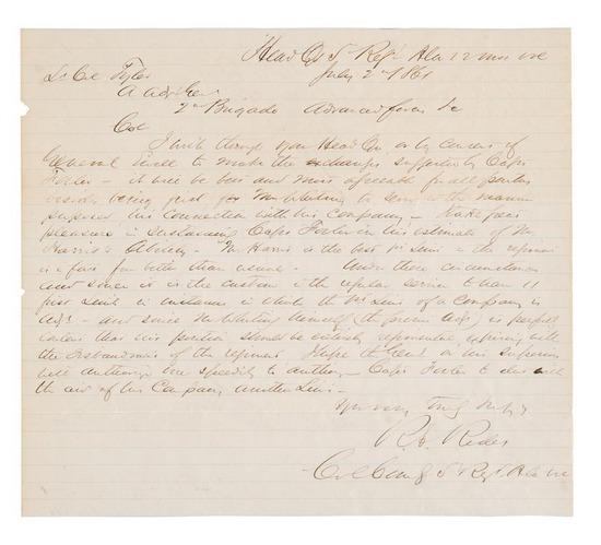 Appraisal: Robert Emmett RODES Autograph letter signed Rb Rodes as Colonel