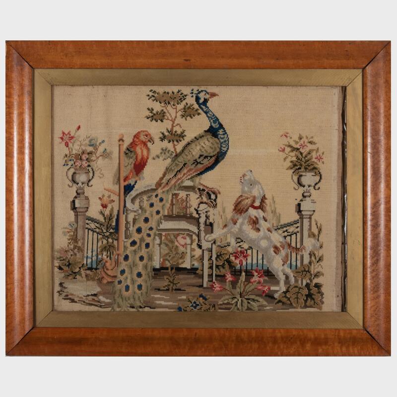 Appraisal: Needlework Panel of a Dog a Peacock and a Parrot