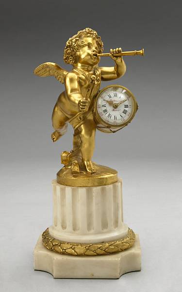 Appraisal: A French gilt bronze and marble figural timepiece Millet a