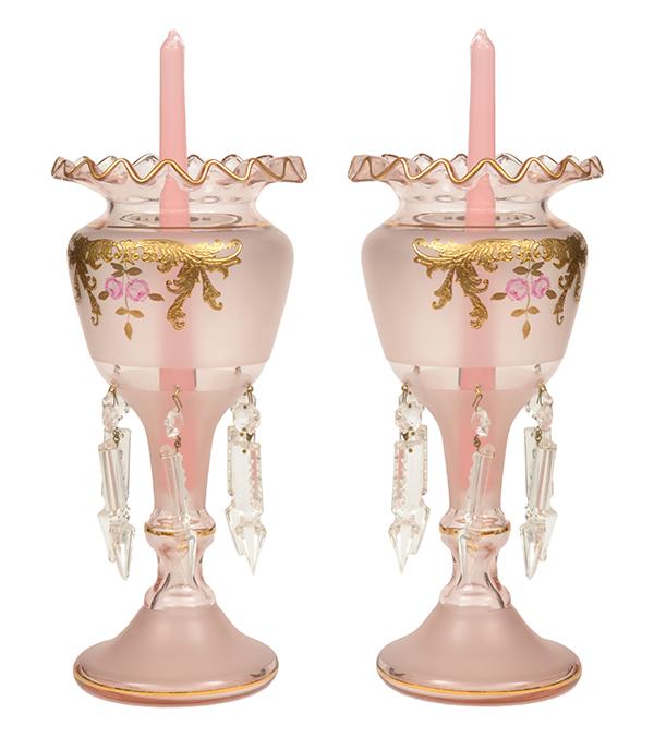 Appraisal: A PAIR OF FROSTED PINK GLASS LUSTRE VASES WITH CRYSTAL