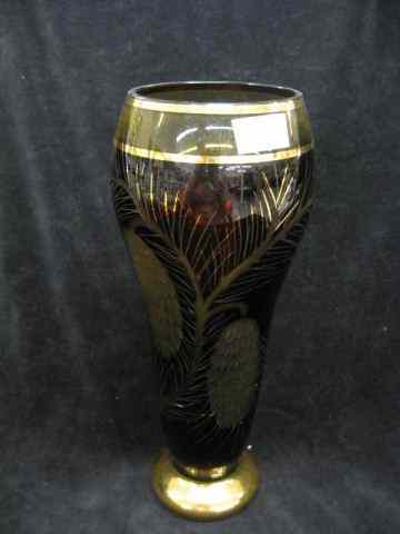 Appraisal: Art Glass Vase amber with etched pine-cone design gold trim