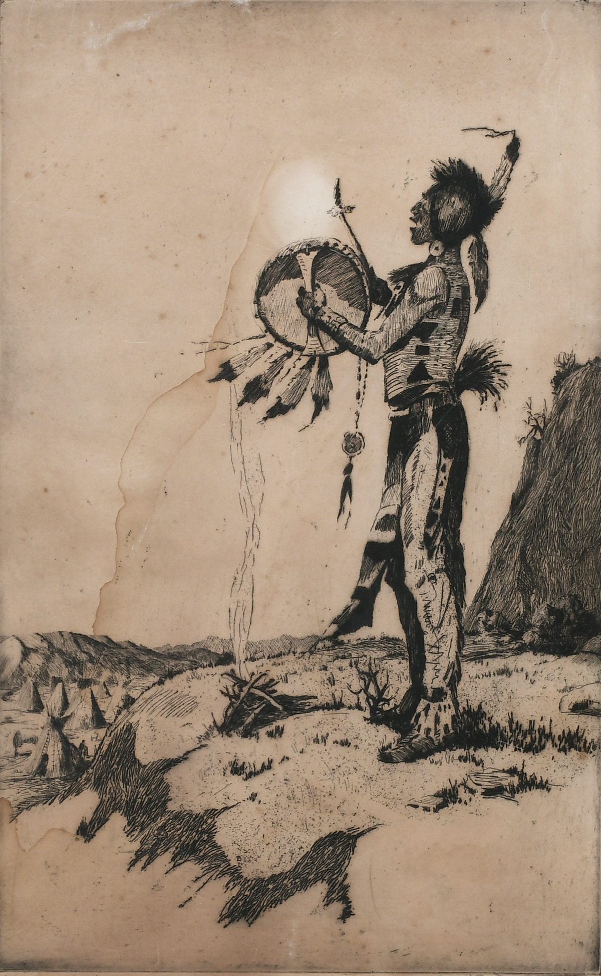 Appraisal: ILLEGIBLY SIGNED NATIVE AMERICAN INDIAN WARRIOR ETCHING ''Before His First