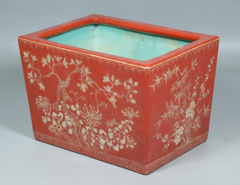 Appraisal: Chinese red glazed cachepot or planter with bird and floral