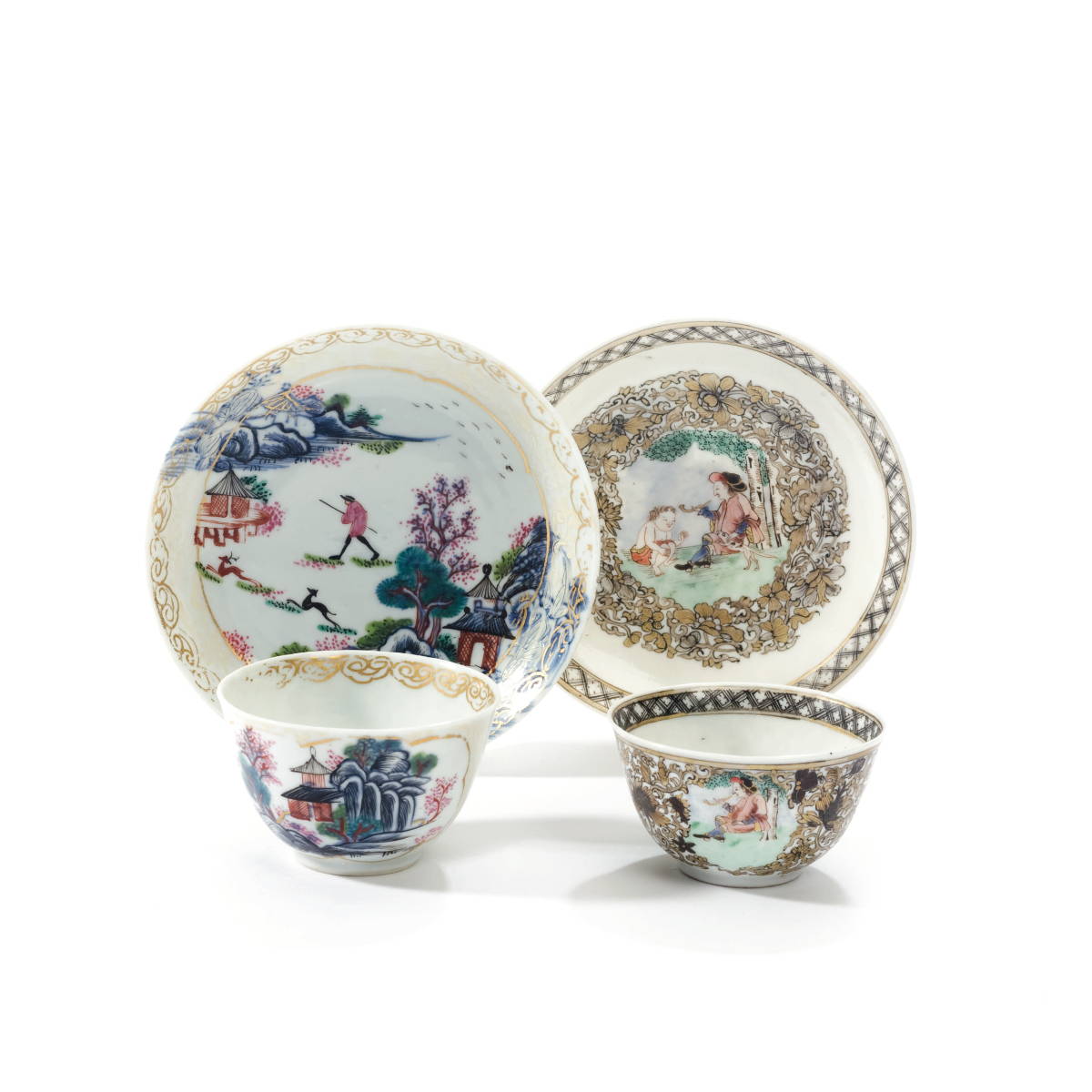 Appraisal: TWO RARE CHINESE EXPORT PORCELAIN HANDLELESS TEA BOWLS AND SAUCERS