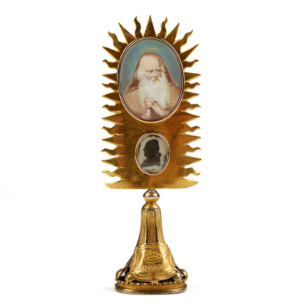 Appraisal: Gilt Enameled Miniature Monstrance Likely silver gilt monstrance in a