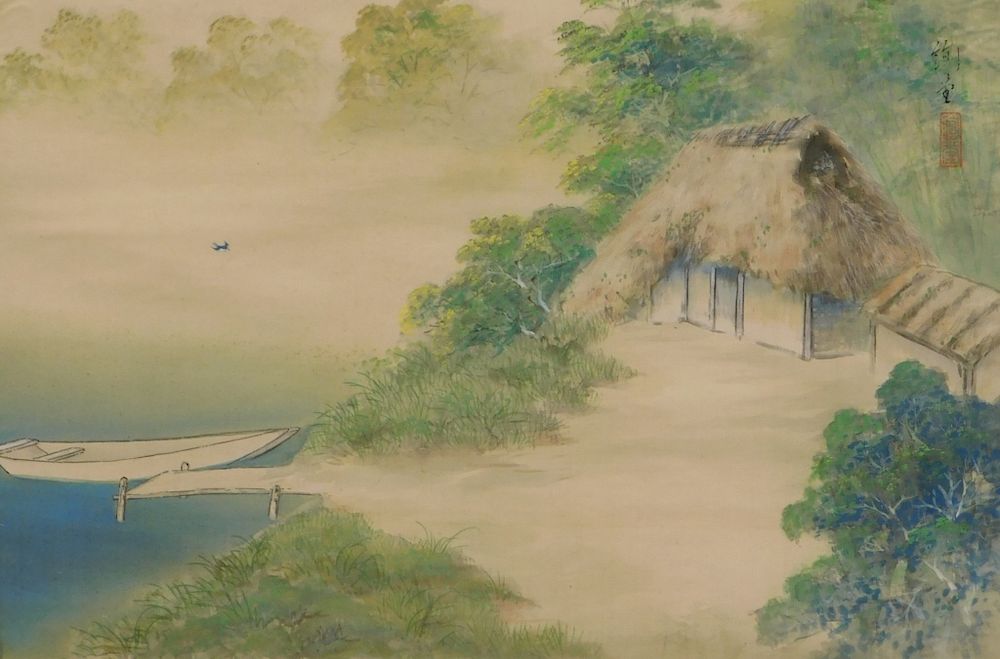 Appraisal: Japanese River Landscape Hanging Wall Scroll Japan Calm misty morning