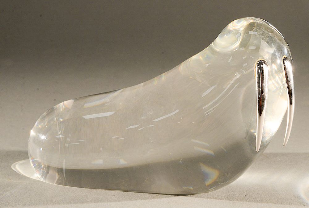 Appraisal: Large Steuben glass walrus with sterling silver tusks crystal animal