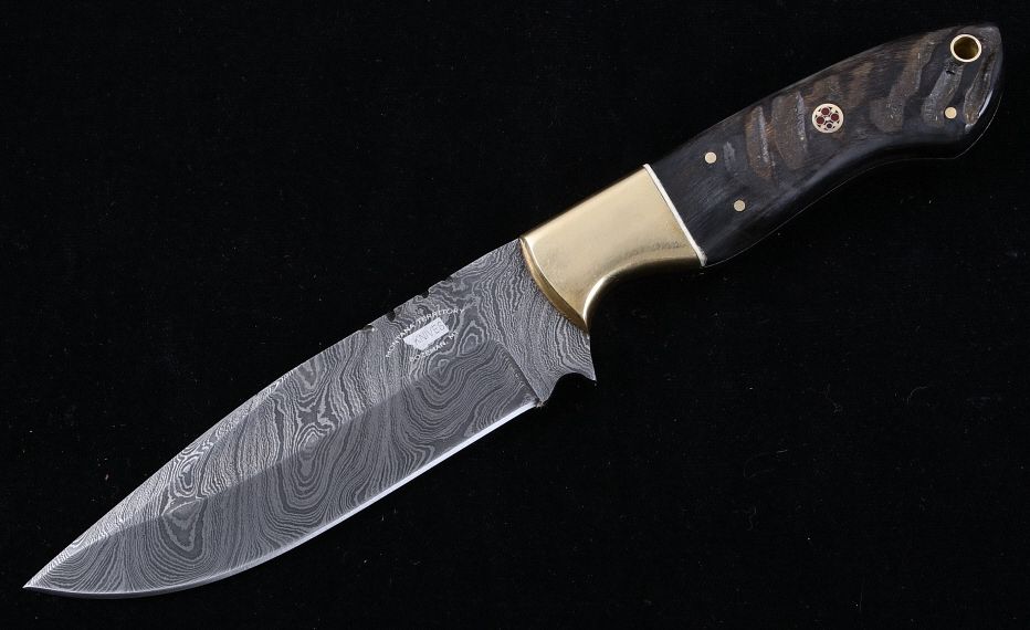 Appraisal: M T Knives Rams Horn Damascus Hammered Knife This is