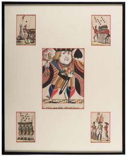 Appraisal: Four Framed Jeu de Drapeaux Playing Cards and Knave of