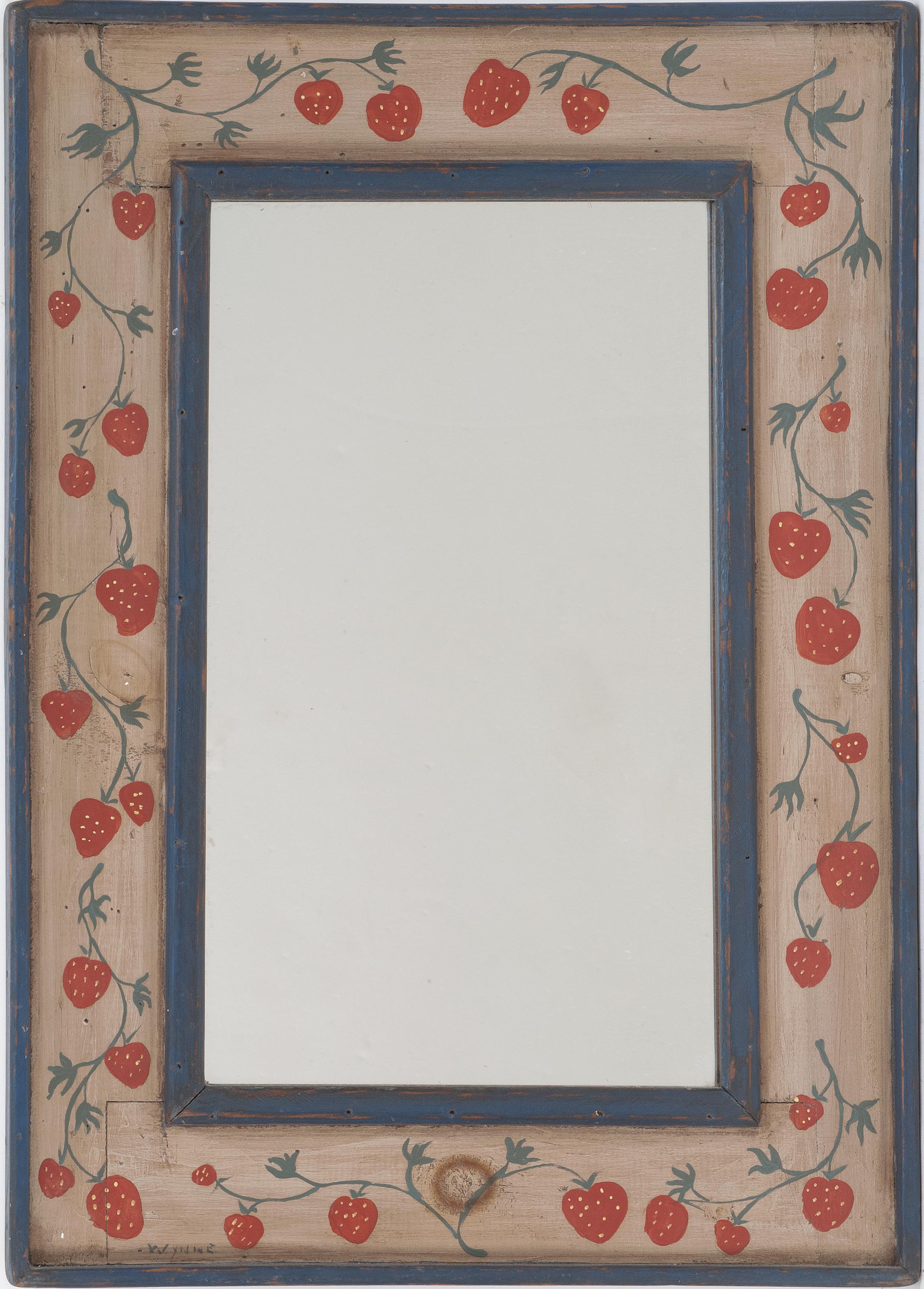 Appraisal: DECORATIVE PAINTED MIRROR Frame in blue and green with strawberry