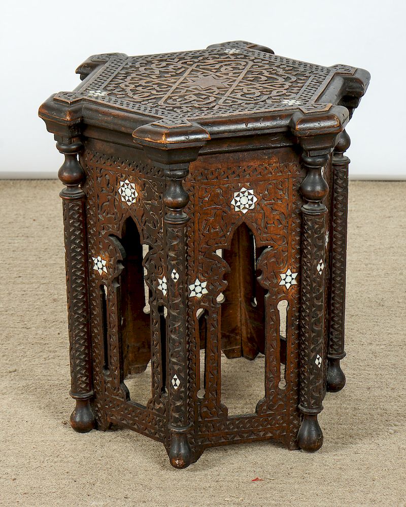 Appraisal: Antique Syrian Inlaid Stool Antique Syrian Inlaid Stool Size ''