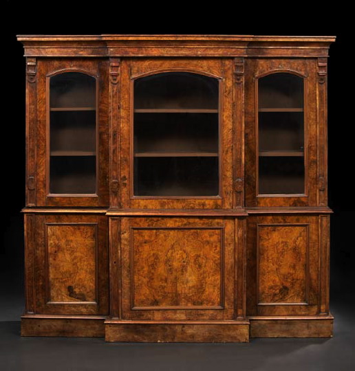 Appraisal: Early Victorian Burled Walnut Breakfront Bookcase mid- th century the