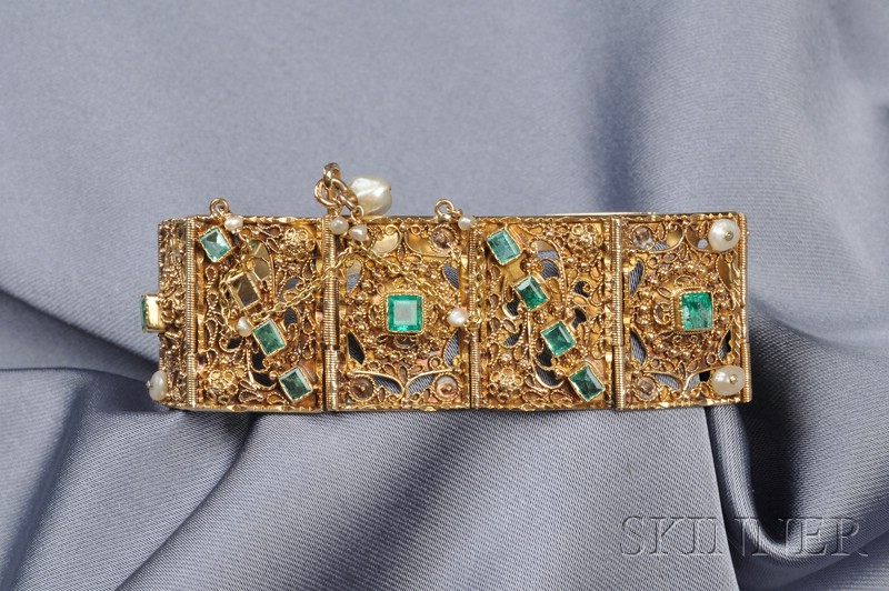 Appraisal: kt Gold Emerald and Pearl Bracelet each panel set variously