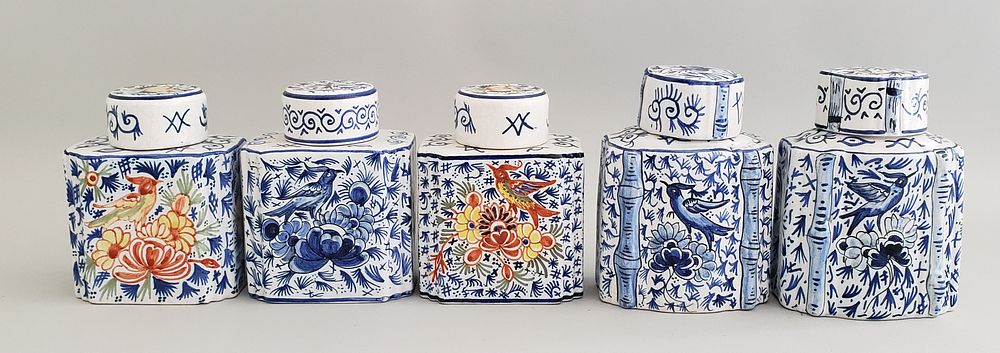 Appraisal: Five French Faience Pottery Tea Caddies th Century Five French