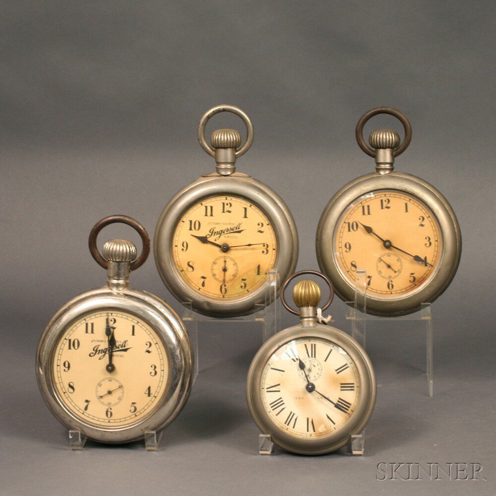 Appraisal: Four Large Pocket Watch Clocks all in plated cases three