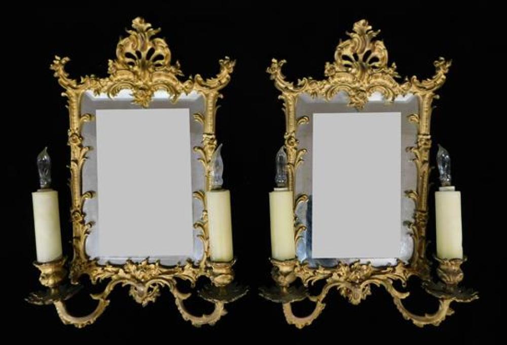 Appraisal: Pair French style cast metal wall mirrors with electrified candleholders