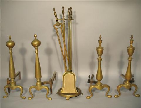 Appraisal: TWO PAIRS OF ANDIRONS Together with a set of fire