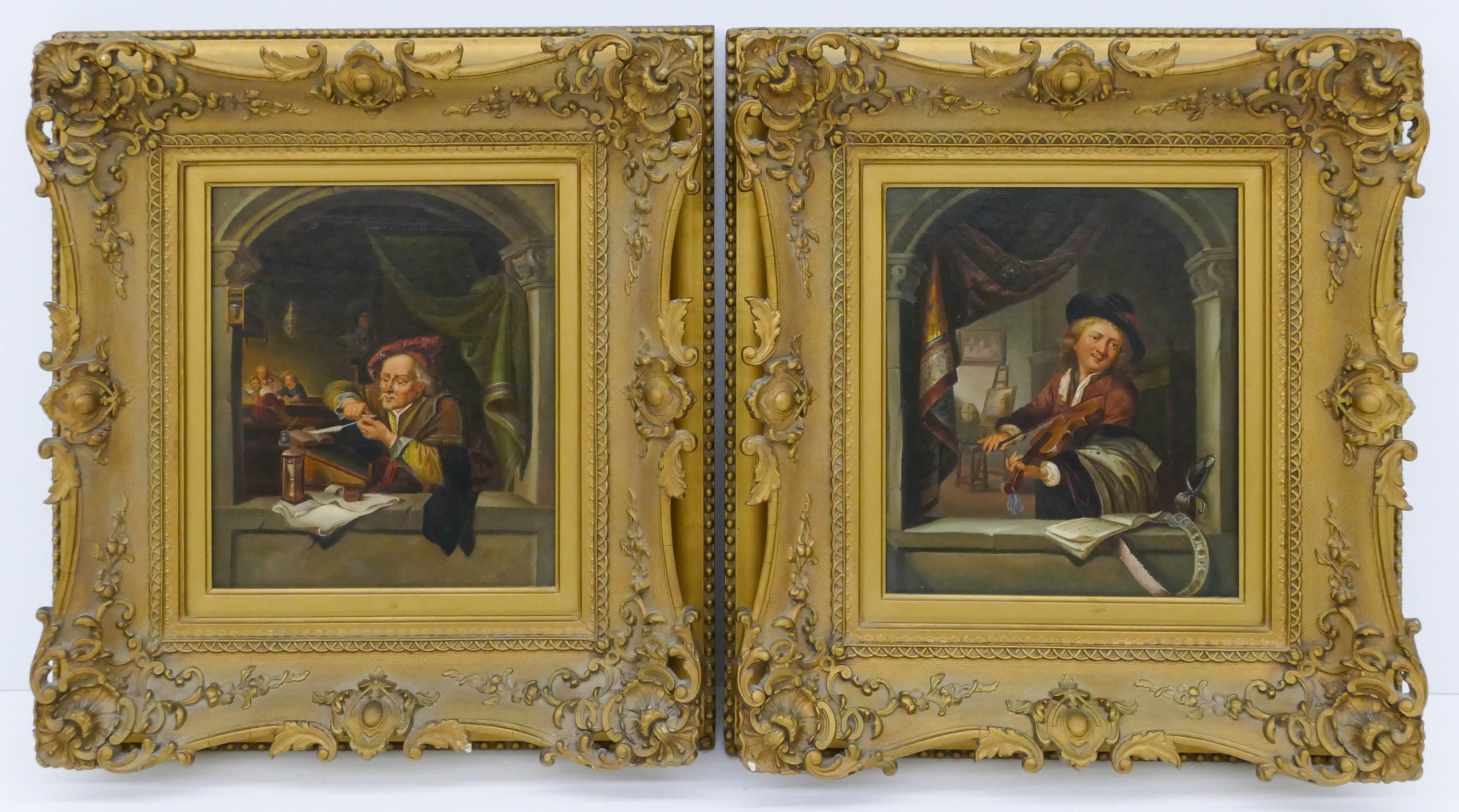 Appraisal: Pair German School th Cent Interior Scene Oils on Canvas