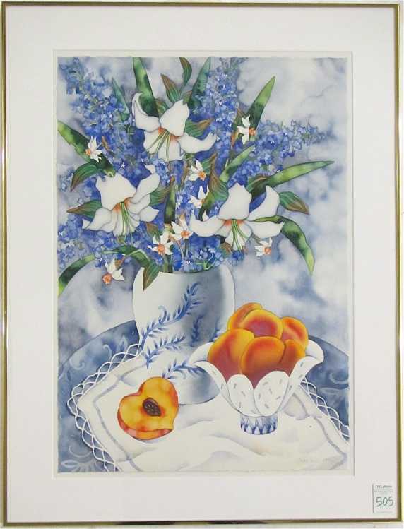 Appraisal: JUDY WISE WATERCOLOR ON PAPER Oregon st century Peaches Delphiniums