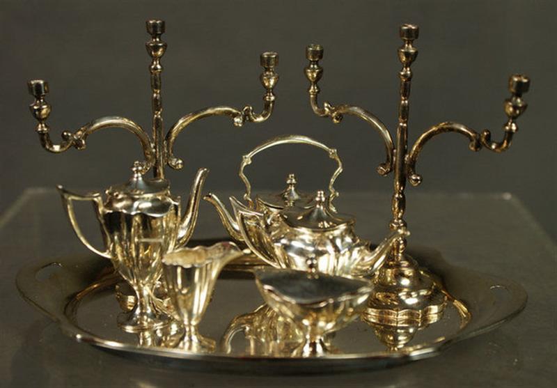 Appraisal: pc cast sterling silver miniature teaset on tray with pr