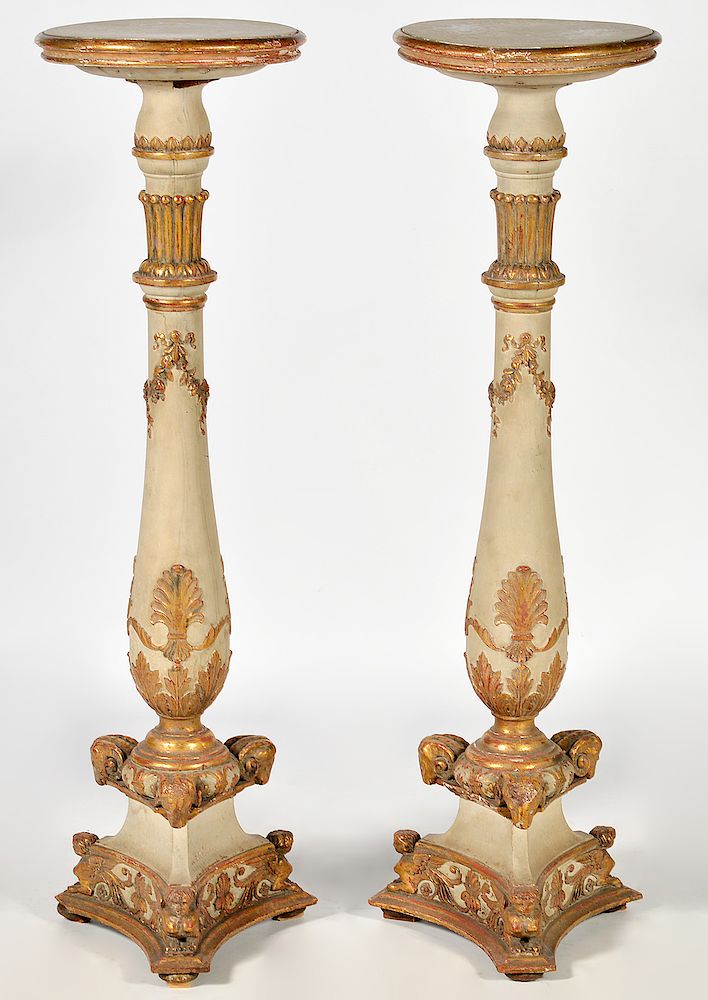 Appraisal: Pr Painted Gilt Wood Carved Pedestals Pair of carved wood