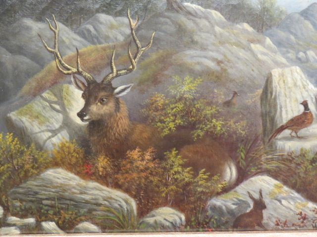 Appraisal: H Montainge oil Hunters Dream wildlife in forest including stag