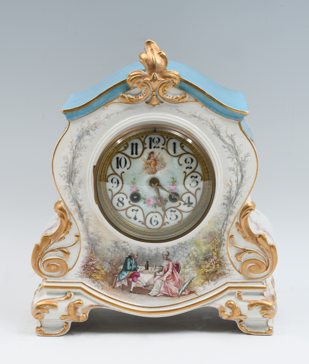 Appraisal: FRENCH PORCELAIN FIGURAL CLOCK French porcelain mantle clock having a