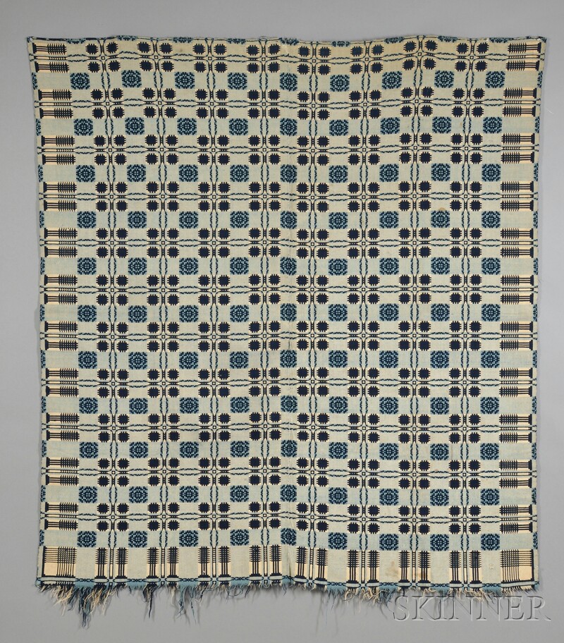 Appraisal: Three-color Woven Wool and Cotton Lisbon Star Pattern Coverlet America