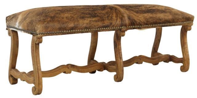 Appraisal: Provincial style walnut bench th c with custom brindle cowhide