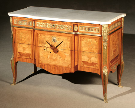 Appraisal: Louis XV XVI Style Colored Marquetry Tulipwood and Amaranth Marble-Top