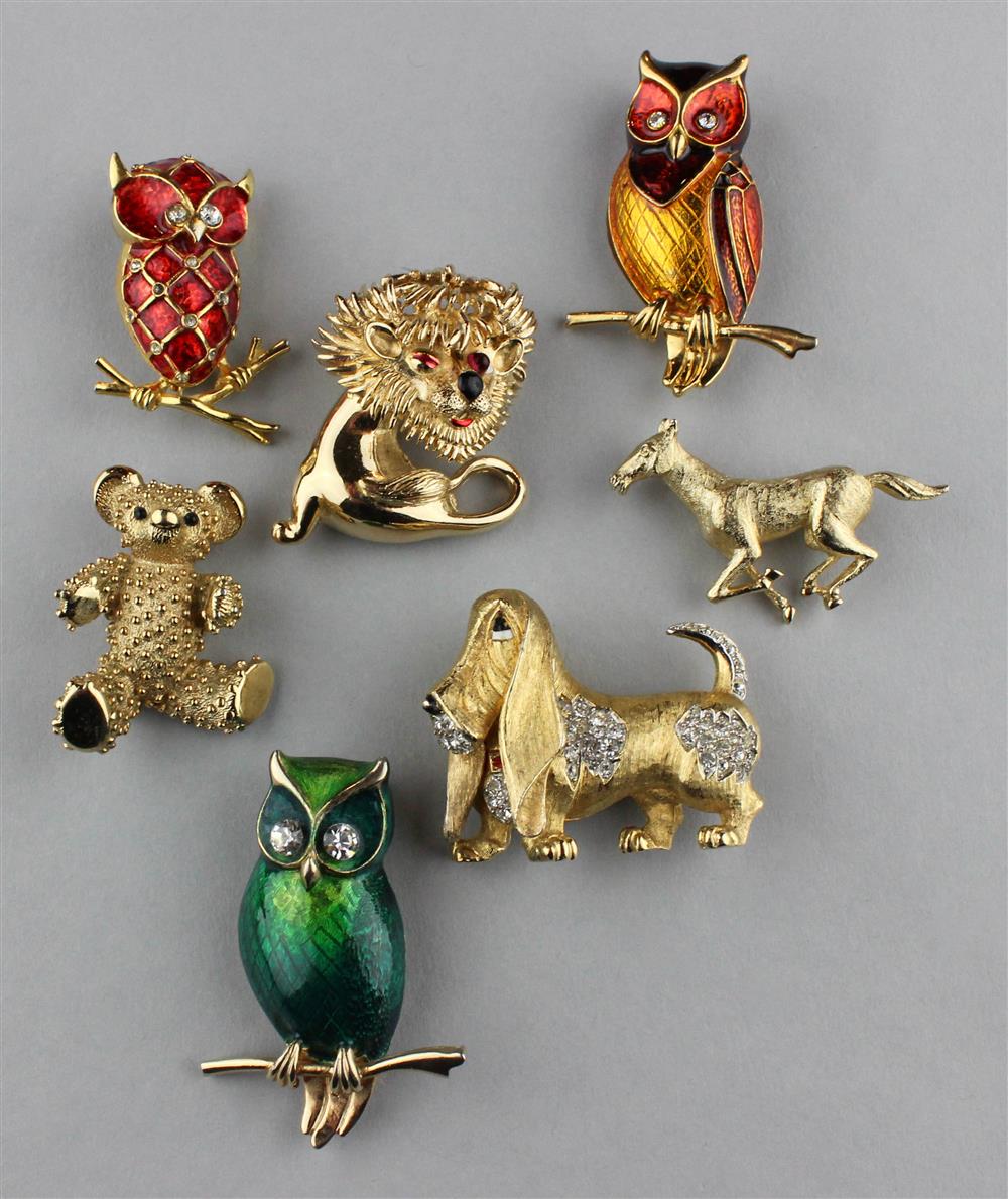 Appraisal: BOUCHER ANIMAL PIN COLLECTION three owls a lion a basset