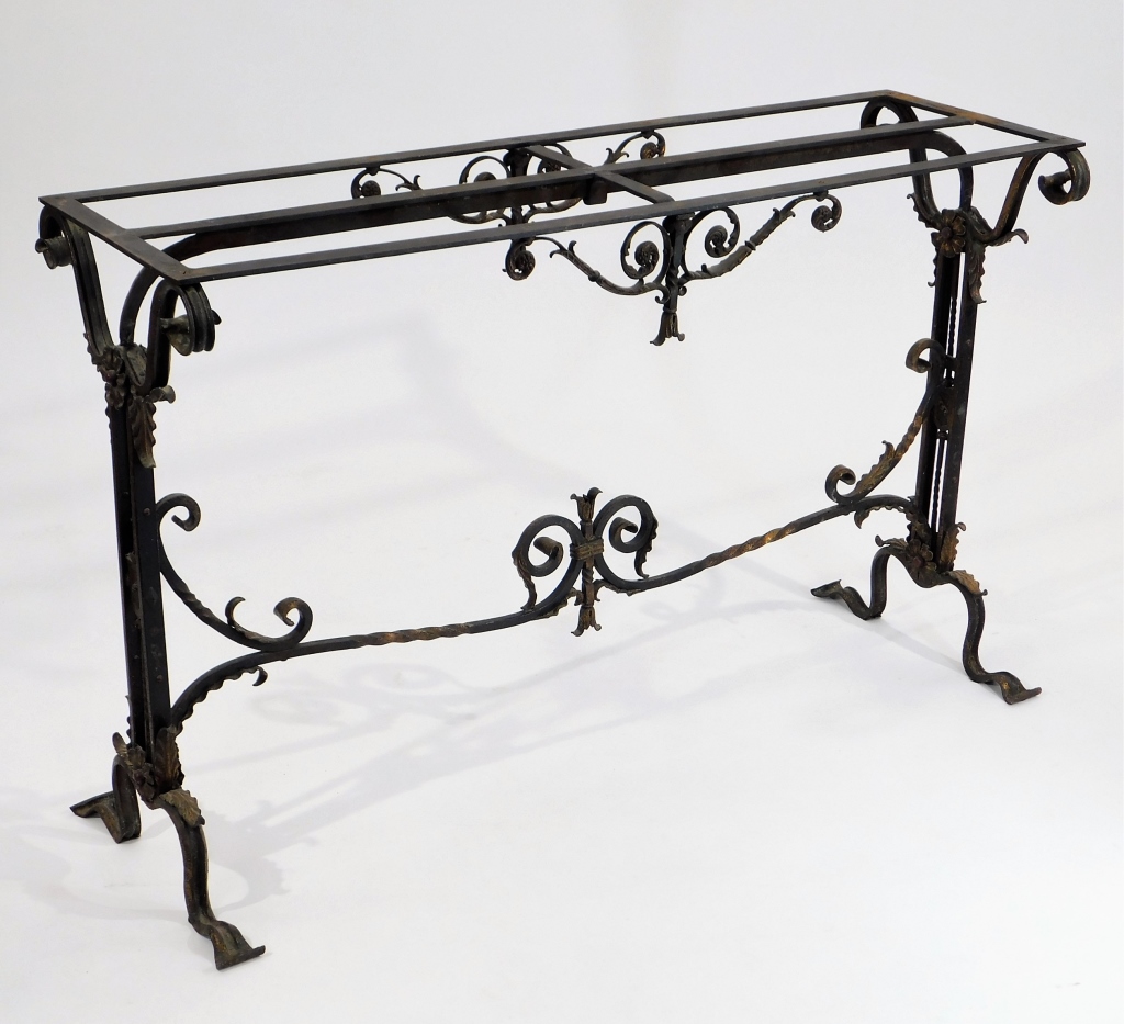 Appraisal: 'S WROUGHT IRON CONSOLE TABLE th CenturyRectangular top with decorative