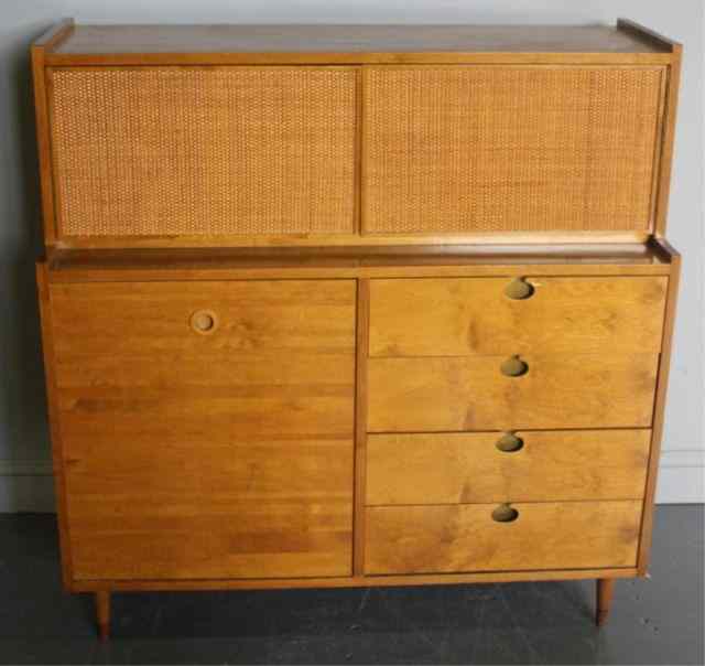 Appraisal: Midcentury Blonde Wood Cabinet Caned front top section From a