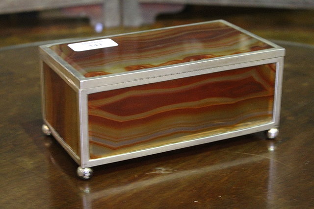 Appraisal: A 'S JEWELLERY BOX with six agate panels with canted