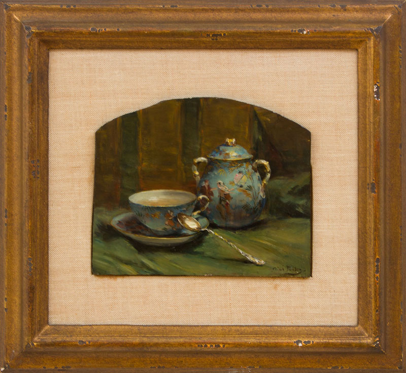 Appraisal: AIM PURDON TEACUP AND SUGAR BOWL Oil on panel signed