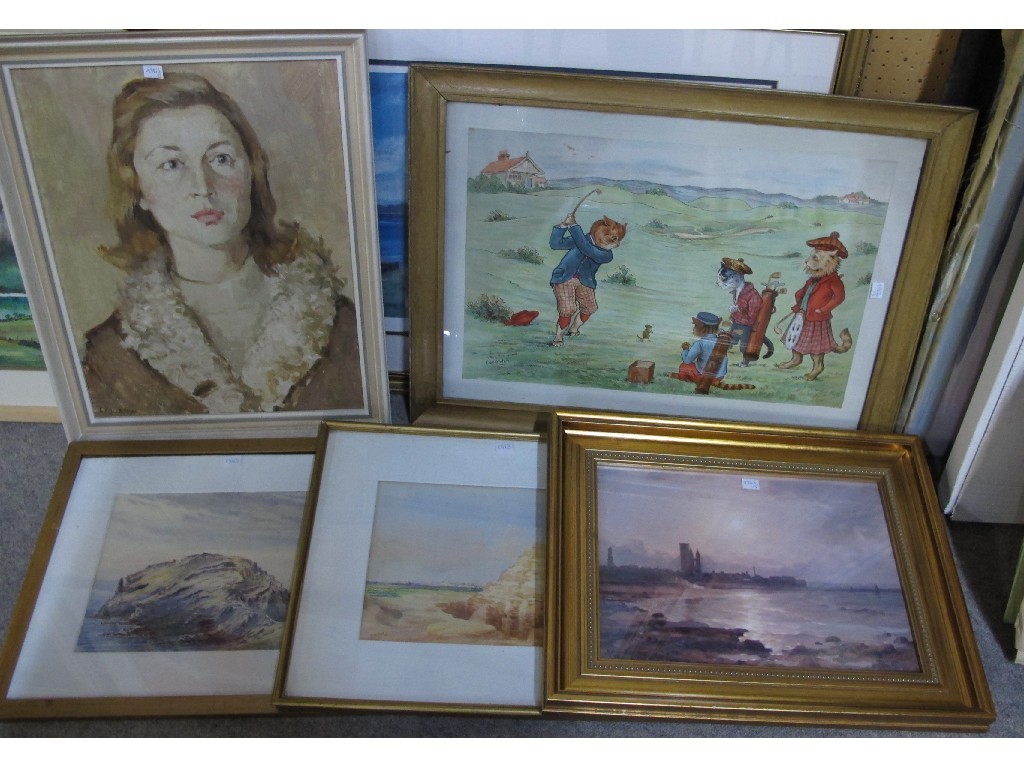 Appraisal: Lot comprising three prints two watercolours and an oil