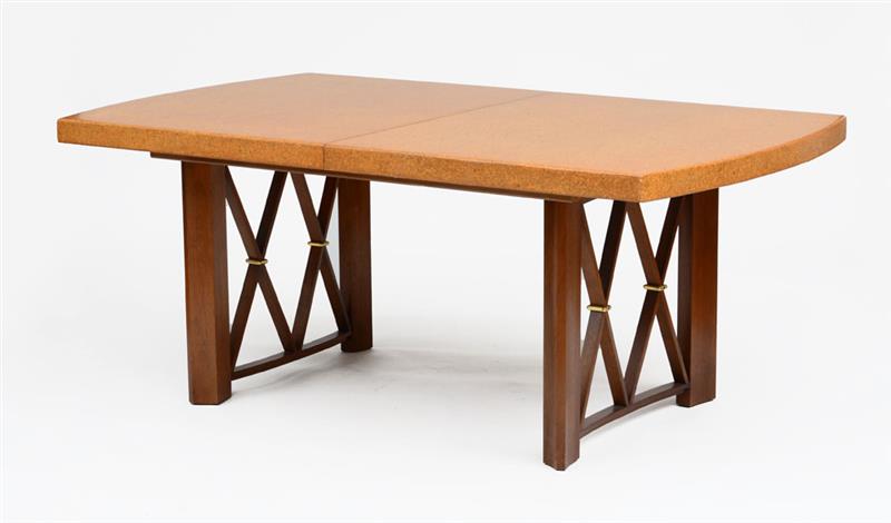 Appraisal: PAUL FRANKL DINING TABLE Cork walnut and brass two leaves