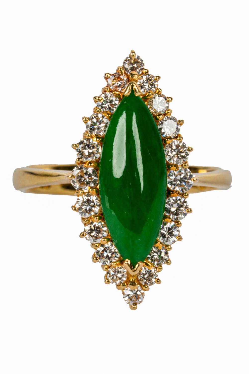 Appraisal: KARAT YELLOW GOLD DIAMOND JADEITE RINGcentering one marquise cabochon cut