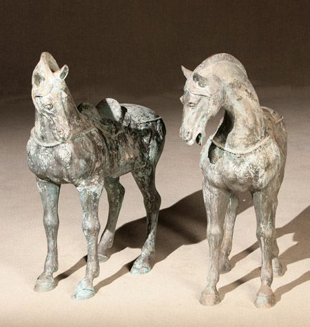 Appraisal: Pair of Tang Dynasty-Style Bronze Figures of Palace Horses Modern