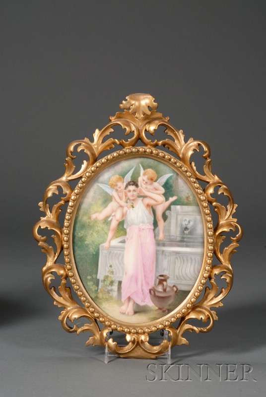 Appraisal: German Painted Porcelain Plaque in Giltwood Frame late th century