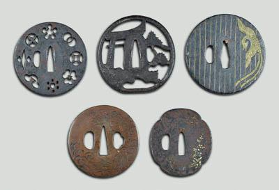 Appraisal: Five Japanese tsuba copper carved with dragon carp waves -