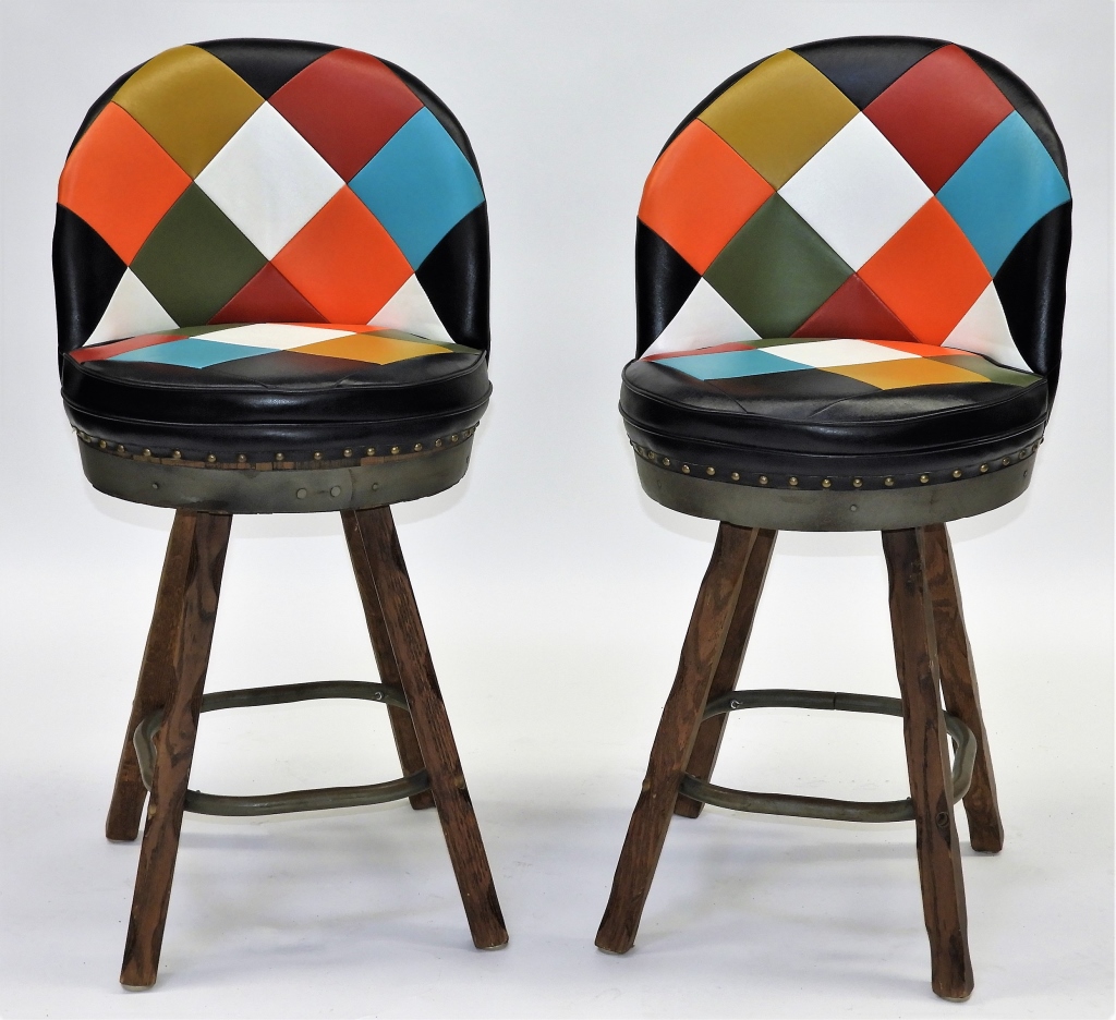 Appraisal: PR SCHUBERT INDUSTRIES MCM BARREL BARSTOOLS Ohio Circa Colorful leather