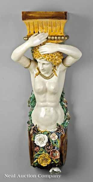 Appraisal: Two Monumental Continental Majolica Figural Brackets late th c in