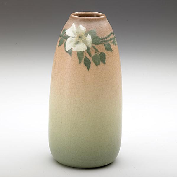 Appraisal: KATE VAN HORNROOKWOODVellum vase with white blossoms Artist s cipher