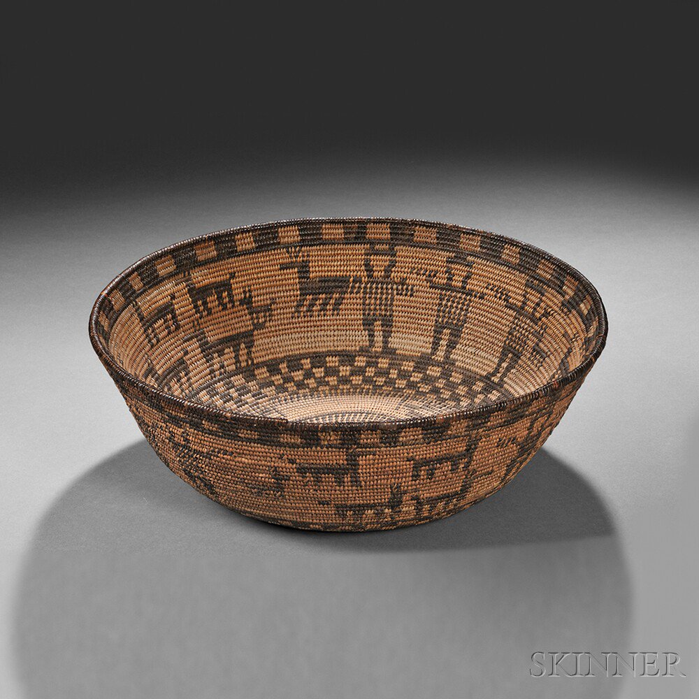 Appraisal: Apache Pictorial Basketry Bowl c early th century woven in