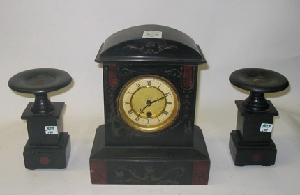 Appraisal: AN AMERICAN THREE-PIECE CLOCK SET black slate the center time