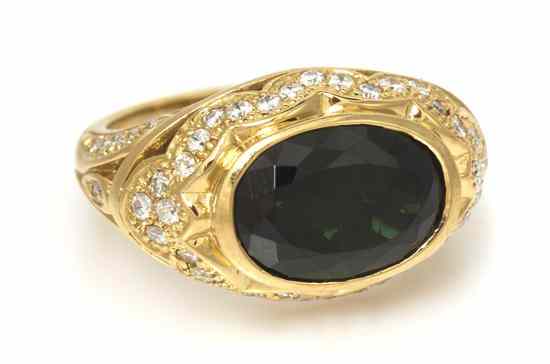 Appraisal: An Karat Yellow Gold Green Tourmaline and Diamond Ring Sonia