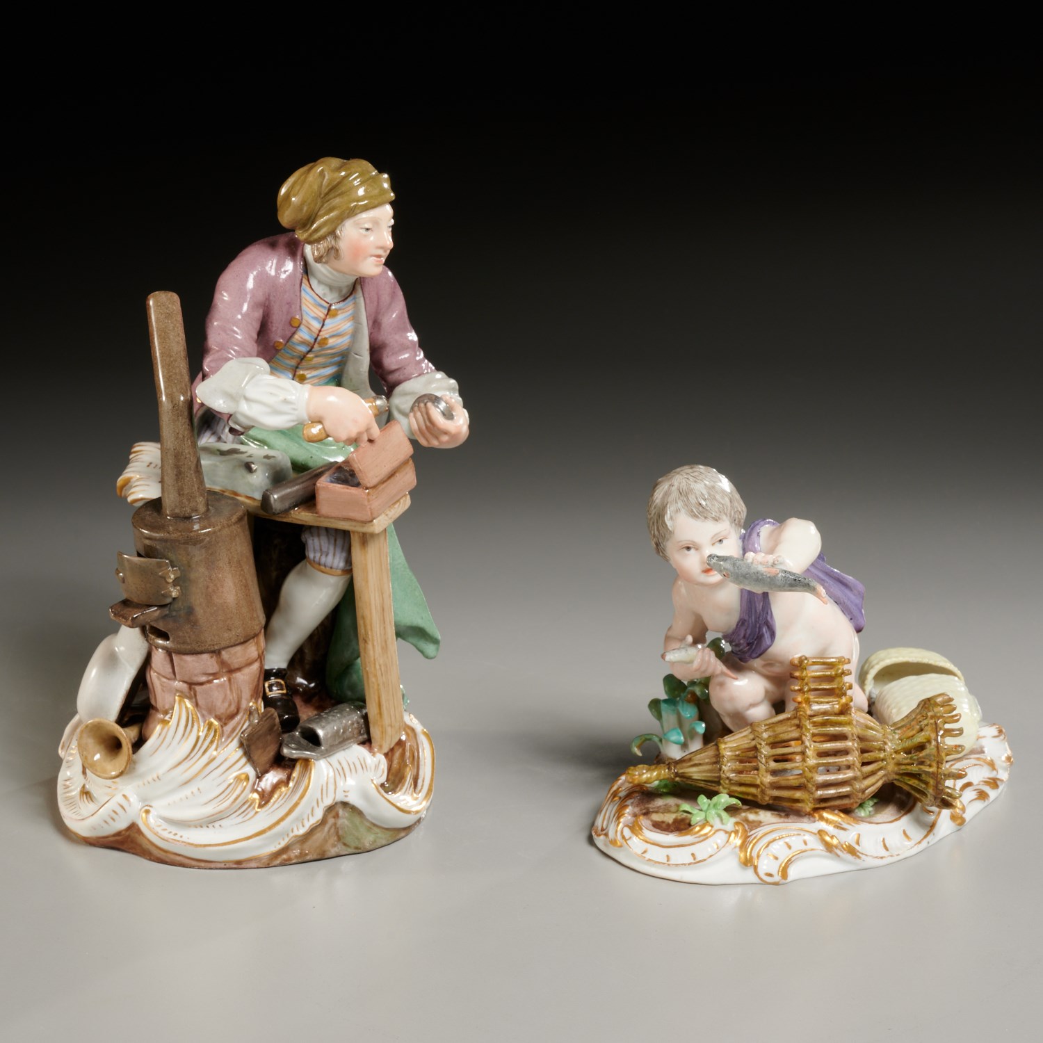 Appraisal: MEISSEN FIGURES TINSMITH AND ELEMENTS th th c The Tinsmith